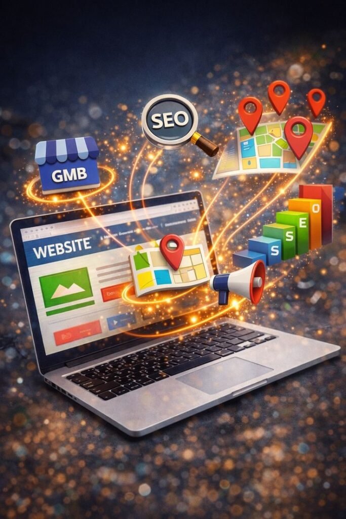 Content strategy and social media marketing concept showing SEO tools, GMB listing, website optimization, location targeting, and digital growth analytics on a laptop.