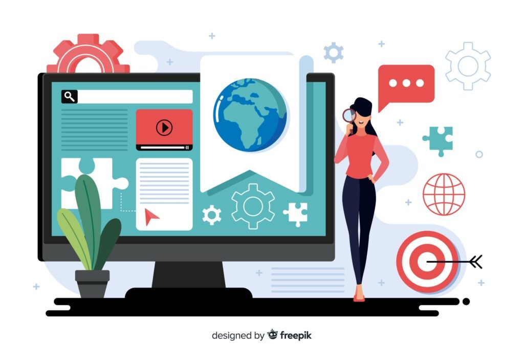 Illustration of digital content strategy and online marketing using core web vitals featuring a computer screen with web content, a globe, search icons, and a person analyzing digital information and SEO core web vital elements.
